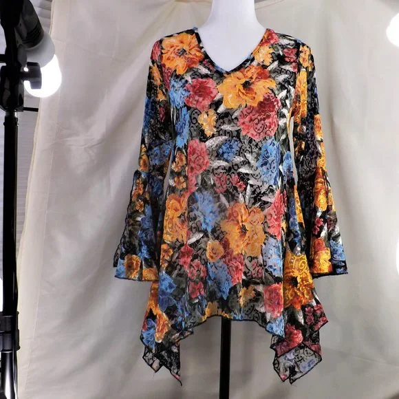 NWOT Dor Dor Couture Bursting Colors Huge Bell Cuffs w Flaring Skirt Tunic Top S - Picture 2 of 16